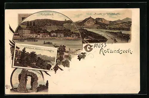 Lithographie Rolandseck, Teilansicht, Aussicht vom Rolandsbogen, Ortspartie mit Honnef u. d. Siebengebirge