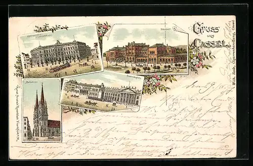 Lithographie Kassel, Königsplatz u. Postgebäude mit Strassenbahn, Bahnhof, Martinskirche