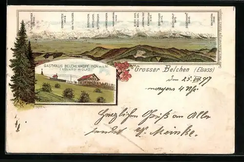 Lithographie Belchen /Elsass, Gasthaus Belchenkopf, Bergpanorama mit Rosenhorn, Mittelhorn u. Wetterhorn