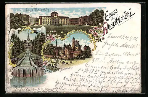 Lithographie Kassel-Wilhelmshöhe, Schloss Wilhelmshöhe, Löwenburg, Cascaden
