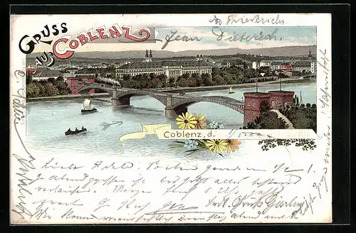 Lithographie Koblenz, Teilansicht mit Brücke