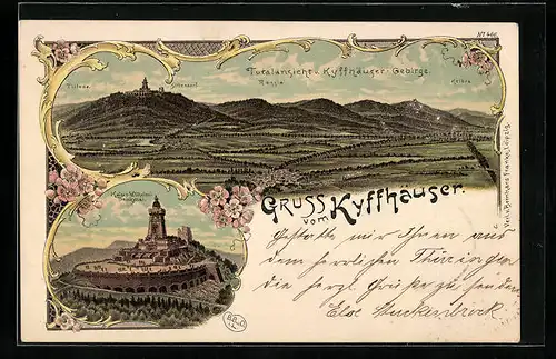Lithographie Kyffhäuser /Kyffhäuser-Gebirge, Kaiser-Wilhelm-Denkmal, Panorama mit Tilleda, Sittendorf und Kelbra