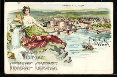 Lithographie Hameln a. d. Weser, Teilansicht mit Brücke