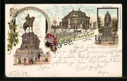 Lithographie Frankfurt a. Main, Opernhaus, Goethe-Denkmal, Kaiser-Wilhelm-Denkmal