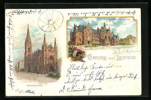 Lithographie Leipzig, Buchhändler-Börse, Peterskirche