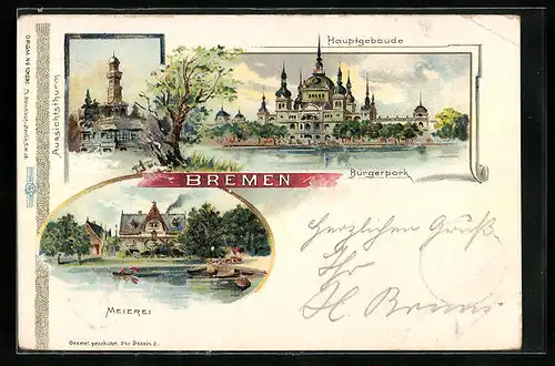 Lithographie Bremen, Meierei im Bürgerpark, Hauptgebäude, Aussichtsturm