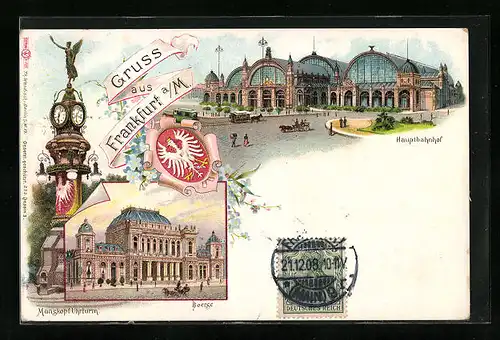 Lithographie Frankfurt a. M., Hauptbahnhof, Börse, Manskopf-Uhrturm
