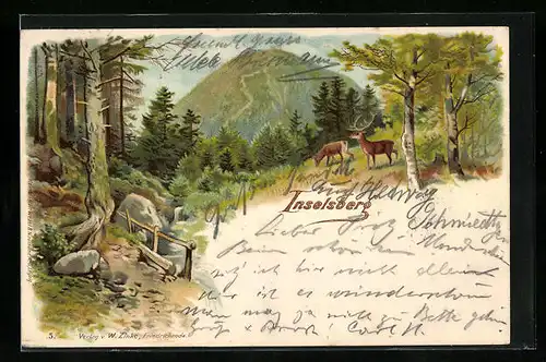 Lithographie Inselsberg, Teilansicht mit Hirsch u. Reh
