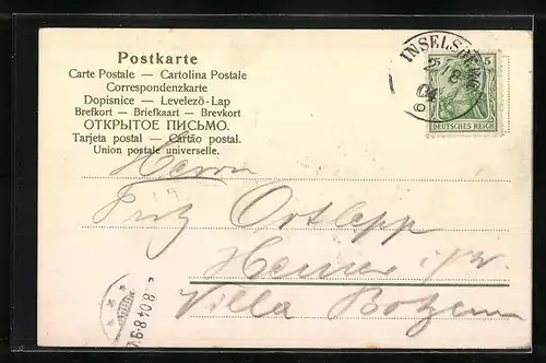 Lithographie Inselsberg, Teilansicht mit Hirsch u. Reh