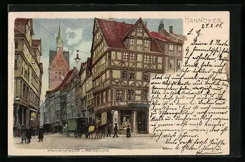 Lithographie Hannover, Kramerstrasse und Marktkirche mit Pferdewagen