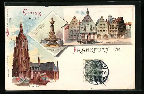 Lithographie Frankfurt a. M., Dom, Römer, Stoltze-Denkmal