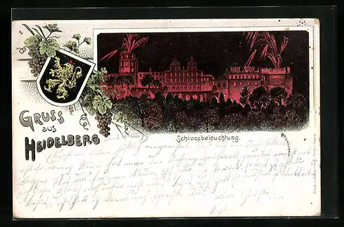 Lithographie Heidelberg, Schlossbeleuchtung mit Wappen