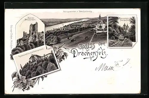 Lithographie Königswinter, Restauration a. d. Drachenfels, Ruine, Teilansicht & Drachenburg