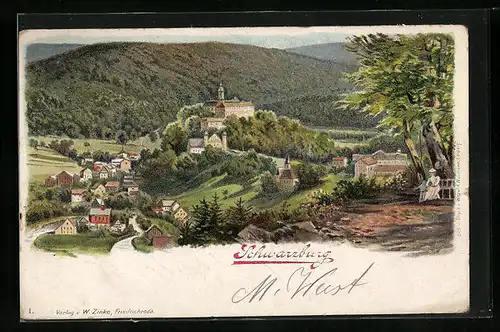 Lithographie Schwarzburg, Teilansicht mit Schloss
