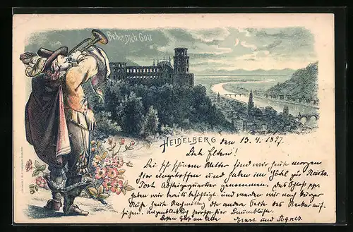 Lithographie Heidelberg, Behüt Dich Gott, Teilansicht mit Trompeter bei Mondschein