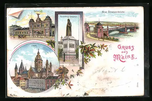 Lithographie Mainz, Dom, Bahnhof, Gutenberg-Denkmal