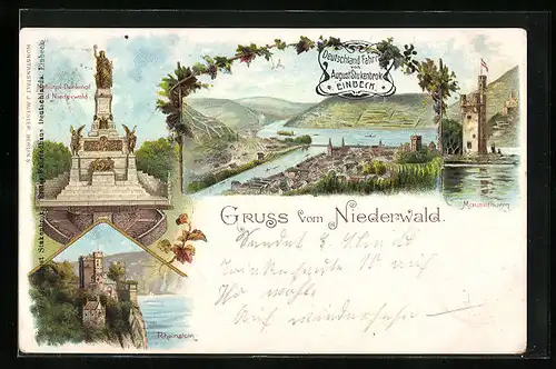 Lithographie Rüdesheim am Rhein, National-Denkmal a. d. Niederwald, Mäuseturm, Rheinstein