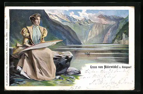 Lithographie Schönau am Königssee, Malerwinkel u. Frau beim Zeichnen