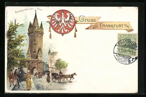Lithographie Frankfurt a. M., Eschenheimer Tor mit Pferdewagen