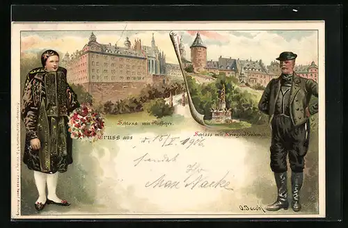 Lithographie Altenburg, Schloss mit Auffahrt, Krieger-Denkmal, Mann und Frau in Tracht