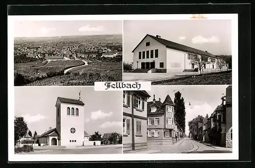 AK Fellbach, Gesamtansicht, Strassenpartie, Kirche