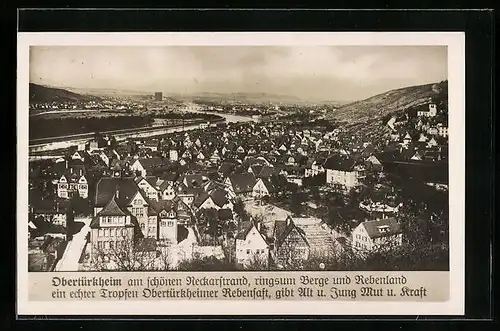 AK Obertürkheim, Ortsansicht mit Bergen und Rebenland