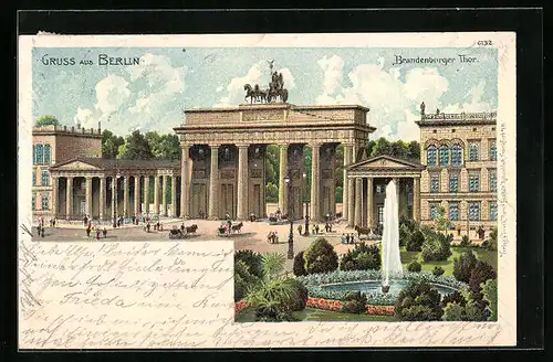Lithographie Berlin, Brandenburger Tor mit Fontäne und Pferdewägen