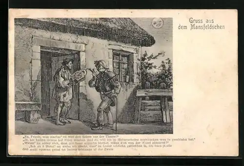 Künstler-AK Mansfeld, Friede und Mann unterhalten sich, Stadttyp