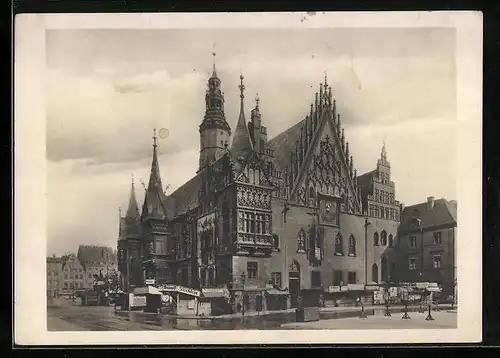 AK Breslau, Rathaus, davor Marktbuden