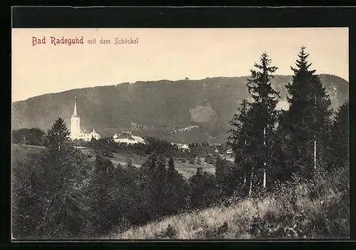 AK Bad Radegund, Ortspartie mit Kirche und dem Schöckel