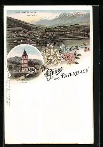 Lithographie Payerbach, Kirche, Ortsansicht gegen Raxalpe