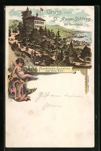 Lithographie Rorschach, St. Anna-Schloss mit Blick auf den See