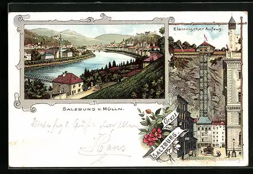 Lithographie Salzburg, Restaurant mit elektrischem Aufzug, Ortsansicht von Mülln aus