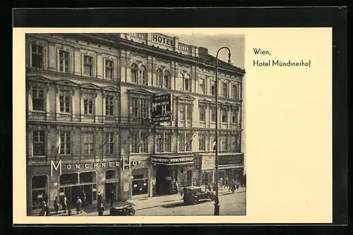 AK Wien, Hotel Münchnerhof mit Passanten