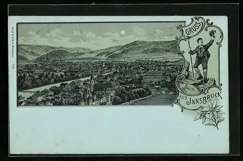 Mondschein-Lithographie Innsbruck, Totalansicht aus der Vogelschau