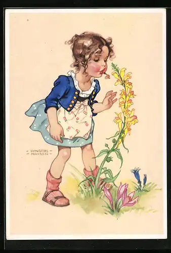 Künstler-AK Ilse Wende-Lungershausen: Mädchen schnuppert an einer Blume