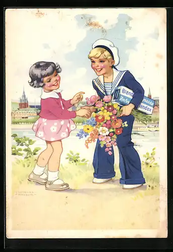 Künstler-AK Ilse Wende-Lungershausen: Blendax-Max im Matrosendress mit Zahnpasta und Blumenstrauss