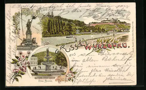 Lithographie Würzburg, Luitpold Denkmal, Kilian-Brunnen, Flusspartie