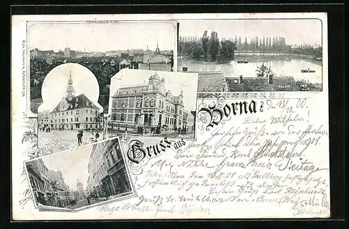 AK Borna, Reichsstrasse, Partie am Teich, Post, Rathaus