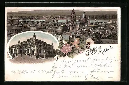 Vorläufer-Lithographie Mainz, Stadthalle, Totalansicht, 1895