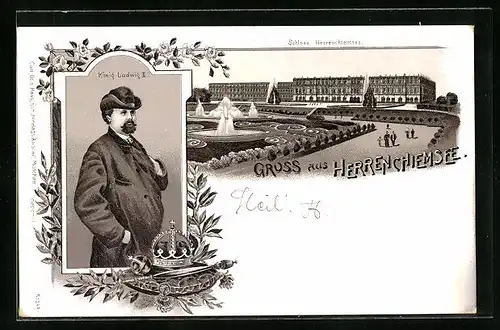 Lithographie Herrenchiemsee, König Ludwig II., Schloss