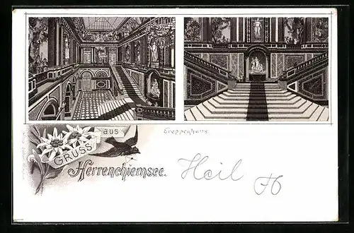 Lithographie Herrenchiemsee, Treppenhaus im Schloss