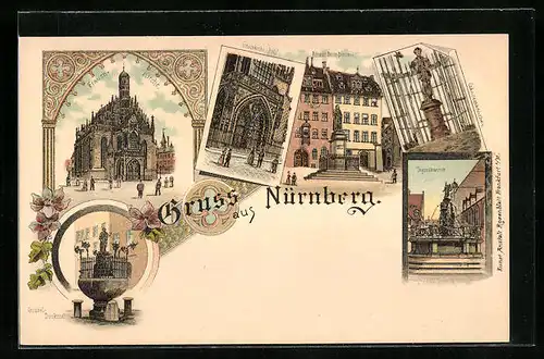 Lithographie Nürnberg, Frauen-Kirche, Grübel Denkmal, Tugendbrunnen