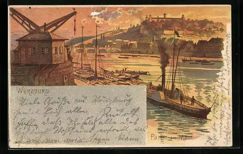 Lithographie Würzburg, Dampfer auf d. Main im Abendlicht