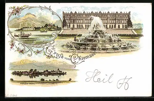 Lithographie Chiemsee, Altes Schloss, Frauen Insel
