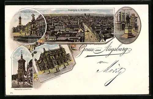 Lithographie Augsburg, Herkulesbrunnen, Wertachbrückenthor, Theater, Fuggerdenkmal, Panorama