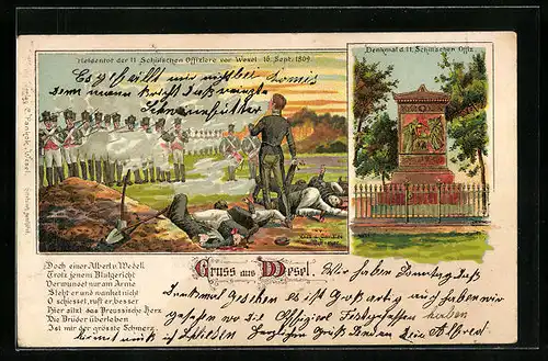 Lithographie Wesel, Heldentod der 11 Schill`Schen Offiziere 1809, Denkmal
