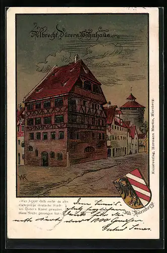 Künstler-AK Nürnberg, Albrecht Dürers Wohnhaus in der Altstadt, Wappen