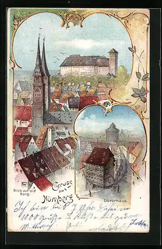Lithographie Nürnberg, Blick auf die Burg, Dürerhaus