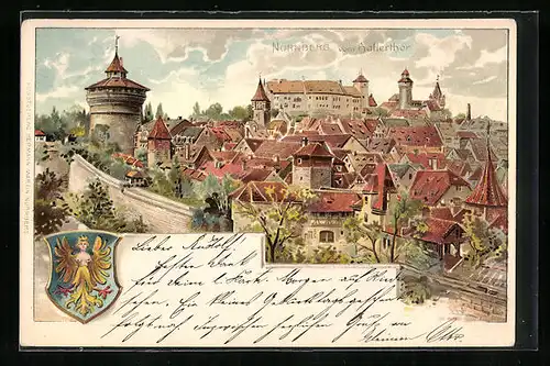 Lithographie Nürnberg, Teilansicht der Stadt, Wappen